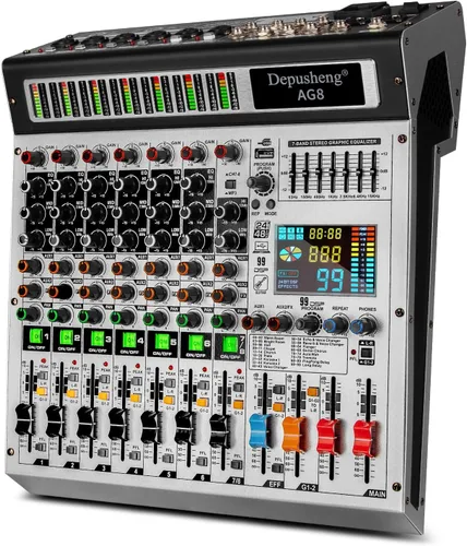 Depusheng AG8 Mezclador de audio profesional de 8 canales con reproductor MP3, fuente USB de grabación, con agrupación y 2 interfaces AUX, 99