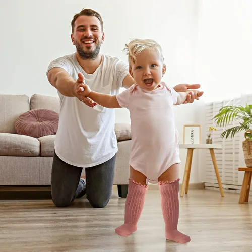 Miniatura 6 de Aaronano Calcetines hasta la rodilla para bebé niña, calcetines antideslizantes para niños pequeños, tubo con volantes, uniforme para recién