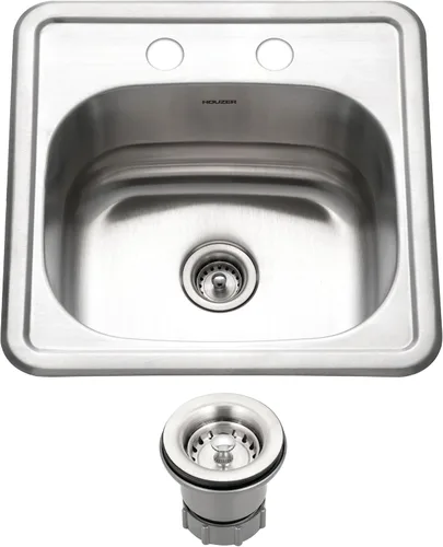 Miniatura 7 de Houzer Fregadero de barra y preparación de acero inoxidable para hospitalidad: fregadero de 2 agujeros de montaje superior de 15 pulgadas para bar