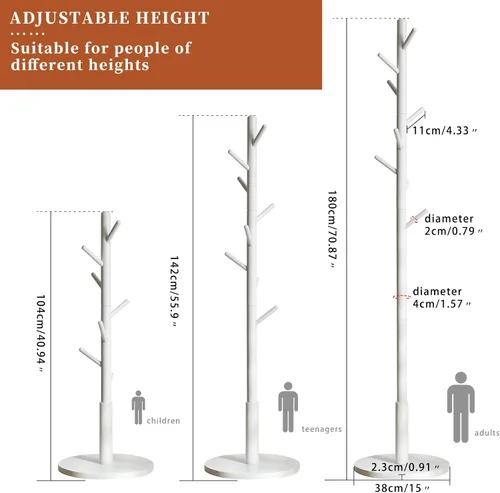 Miniatura 6 de Aibiju Perchero de pie para abrigos Blanco con 8 ganchos y 3 opciones de altura, árbol para abrigos de madera para niños con base redonda