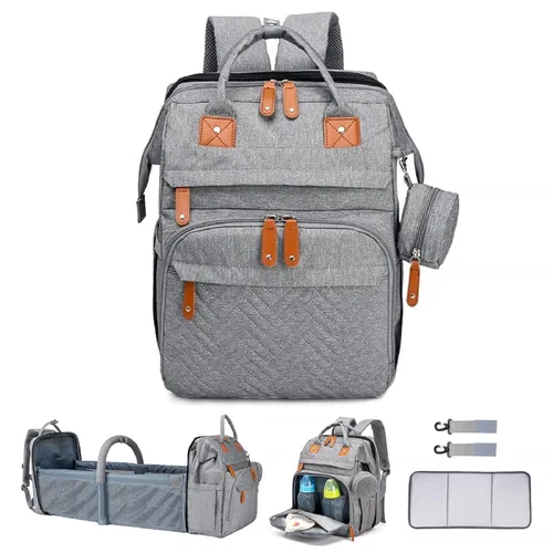 Miniatura 21 de Bolsa de pañales con cambiador, mochila para pañales, bolsa de pañales de viaje 7 en 1, bolsa para mamá con puerto de carga USB (rosa-gris)