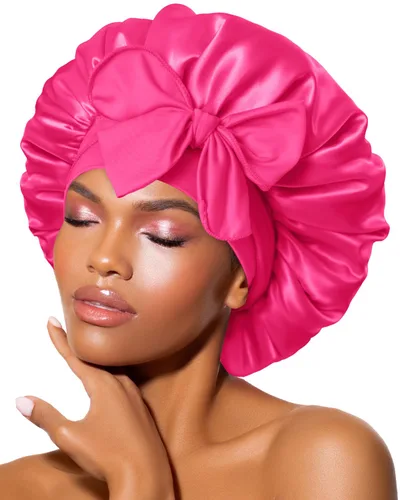 Miniatura 45 de Gorro de satén de seda para dormir con banda ancha para cabello rizado, color rosado oro rosa claro