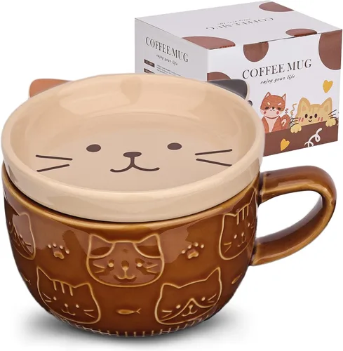 Miniatura 11 de Linda Taza de Cerámica para Gatos con Tapa, Tazas de Café Kawaii o Tazas de Té para Amantes de los Gatos, Tazas Divertidas de Novedad