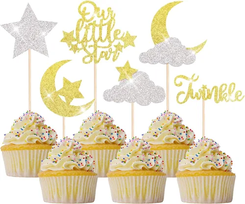 Paquete de 24 adornos para cupcakes con purpurina de luna, nube, estrellas, estrellas, baby shower, niños, cumpleaños, boda, fiesta, decoración de