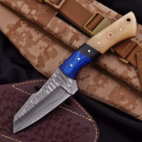Miniatura 6 de Cuchillo de caza de acero de Damasco forjado a mano – Cuchillo de caza táctico EDC de hoja fija de 8 pulgadas para desollar y funda de cuero