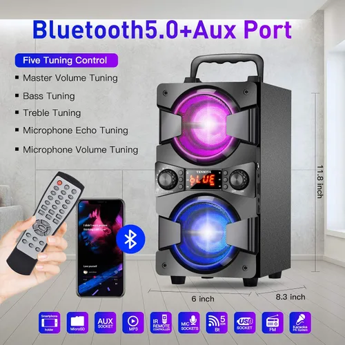 Miniatura 4 de Altavoces Bluetooth de 60 W, altavoz inalámbrico portátil con subwoofer doble, graves pesados, radio FM, micrófono, luces, ecualizador remoto, caja