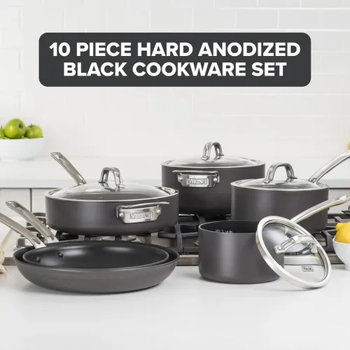 Miniatura 2 de Viking Juego de ollas y sartenes antiadherentes, 10 piezas de utensilios de cocina anodizados duros con tapas de vidrio, color negro