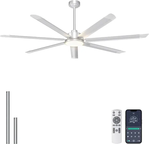 Miniatura 16 de Ohniyou Ventilador de techo de 60 pulgadas sin luz, ventilador de techo industrial plateado con control remoto/aplicación, aspas de aluminio, motor