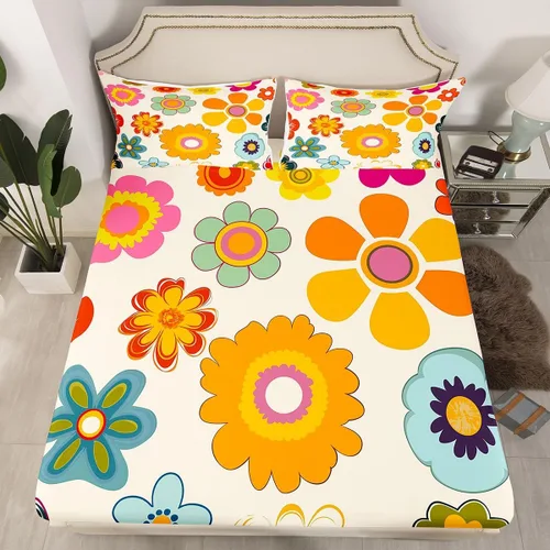 Miniatura 17 de Juego de ropa de cama de flores Groovy de los años 70, sábana bajera ajustable de flores de arco iris para niños y niñas, sábanas de ropa de cama
