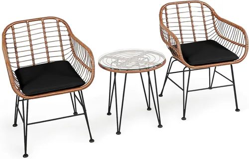 DORTALA Juego de 3 piezas de patio bistró, muebles de mimbre para exteriores con mesa redonda de vidrio templado y 2 sillones de ratán, cojines,