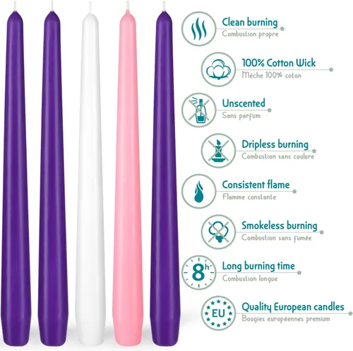 Miniatura 2 de BRUBAKER 5 velas de Adviento color morado, rosa y blanco, velas cónicas de 10 pulgadas para Navidad, iglesia y celebraciones, sin perfume y sin