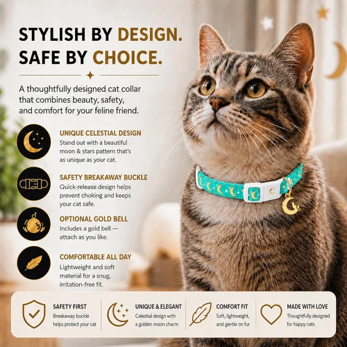 Miniatura 2 de waaag - Collar de seguridad para gato, con diseño de lunas y estrellas doradas, brilla en la oscuridad