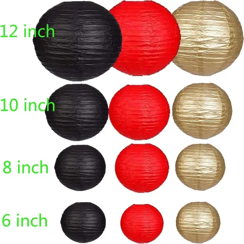 Miniatura 4 de 12 faroles de papel de 6, 8, 10, 12 pulgadas, decoración de fiesta, linternas de papel negro rojo dorado para bodas, novias, cumpleaños, exteriores