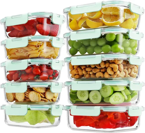 Miniatura 11 de HOMBERKING - Juego de 10 recipientes de vidrio borosilicato para preparación de comidas con tapas de cierre, juego de recipientes de vidrio