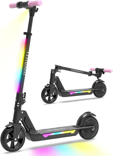 INVANTI KS03 Scooter eléctrico para niños de 8 años en adelante, motor de pico de 350 W, máximo 12 mph y 10 millas, rueda sólida de 7 pulgadas, Rosa