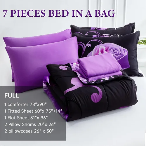 Miniatura 4 de WONGS BEDDING Juego de edredón morado tamaño completo, 7 piezas reversibles con patrón de rosas moradas en una bolsa, juego de edredón ligero