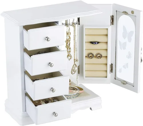 Miniatura 6 de RR ROUND RICH DESIGN Joyero de madera maciza con cajones de almacenamiento grandes, color blanco