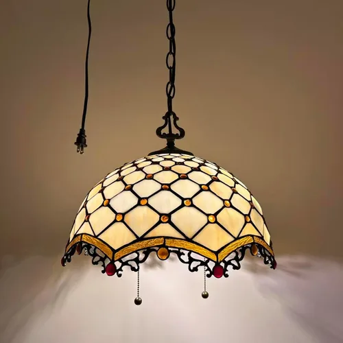 Tiffany - Lámpara colgante con enchufe de cristal beige, bombillas LED incluidas para comedor, sala de estar, 16 pulgadas de ancho x 16 pulgadas de