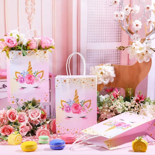 Miniatura 2 de Gersoniel 16 piezas de bolsas de regalo de unicornio con asas, bolsas de regalo de unicornio, bolsas de golosinas para niños, suministros de fiesta