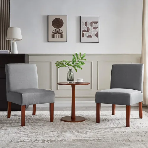 Miniatura 9 de Juego de 2 sillas decorativas con mesa a juego, sillas laterales tapizadas de lino de madera maciza para sala de estar, dormitorio, sala de espera