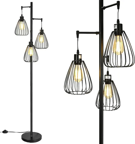 Miniatura 10 de Tangkula - Lámpara rústica de árbol de 3 cabezas, lámpara de pie de metal de 67 pulgadas con 3 pantallas colgantes, iluminación de jaula para sala