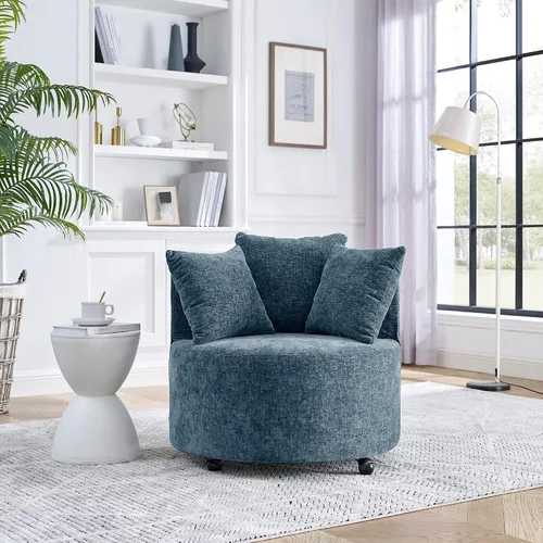 Miniatura 18 de Quarte Moderna silla tapizada de ocio, silla giratoria de tela de peluche con ruedas móviles y 3 almohadas, perfecta para sala de estar y dormitorio