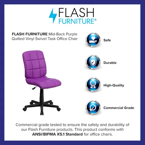 Miniatura 10 de Flash Furniture - Silla giratoria de respaldo medio de vinilo, acolchada, color negro Púrpura