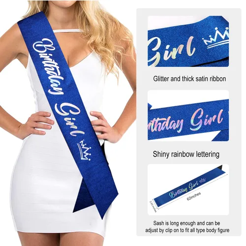 Miniatura 5 de SuPoo Kit de corona y banda de cumpleaños, tiara azul con diamantes de imitación y peine, banda con purpurina, diadema de cristal para mujeres