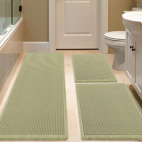 Miniatura 73 de IM HOME Tapete de baño de punto gofre, color caqui, de 24 x 17 pulgadas, tejido bohemio, moderno, absorbente, antideslizante, suave, lavable