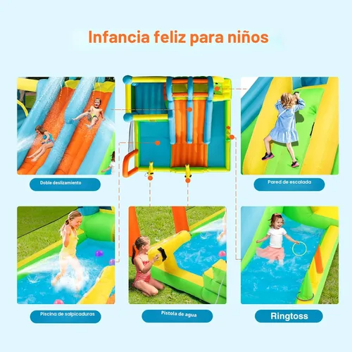 Miniatura 5 de JOYLDIAS Tobogán acuático inflable, casa de rebote gigante de parque acuático con 2 toboganes largos, piscina de chapoteo, trampoline, pared