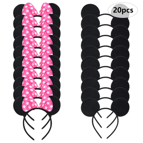 Miniatura 8 de CrushJoy-US 20 piezas de orejas de Mickey y Minnie Mouse, color sólido negro y lazo rosado, diadema para niños y niñas (rosado y negro)