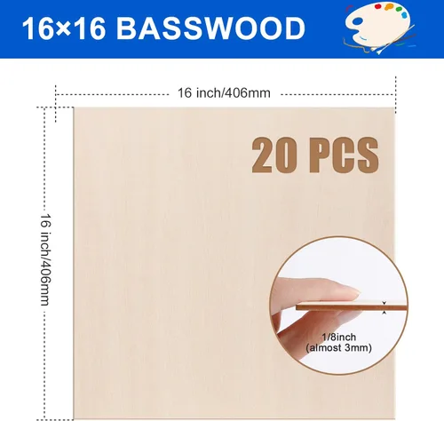 Miniatura 2 de Paquete de 20 hojas de tilo de 16 x 16 x 1/8 pulgadas, madera de tilo de 0.118 in para corte y grabado láser, tablero fino de madera contrachapada
