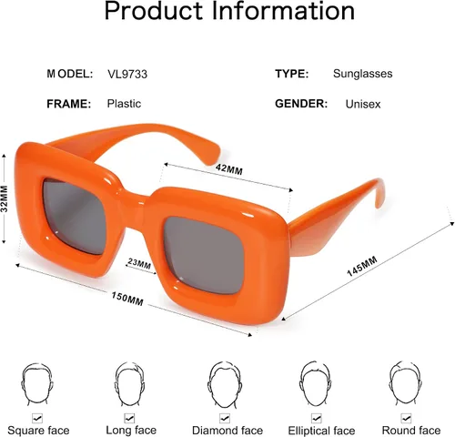 Miniatura 4 de VANLINKER Lindas gafas de sol cuadradas infladas para mujeres y hombres, gafas gruesas retro con marco grueso divertido máscara sombras VL9733