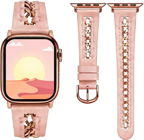 Miniatura 9 de HANDODO Correa de piel auténtica italiana con detalles de cadena dorada, compatible con Apple Watch Series 10 9 8 7 6 5 4 3 2 1 SE SE2 Ultra, correa