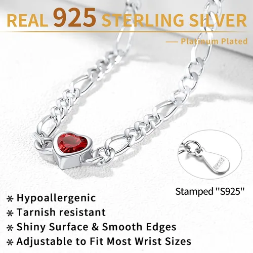 Miniatura 6 de ChicSilver Pulsera de plata de ley 925 con forma de corazón y piedra natal redonda para mujer, regalo de joyería de cumpleaños para el día