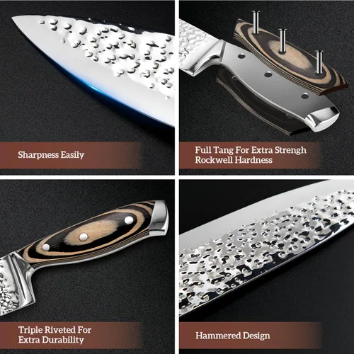 Miniatura 3 de Juego de cuchillos para cocina, juego de cuchillos de diseño martillado de 15 piezas con bloque y afilador, cuchillos de chef de acero inoxidable