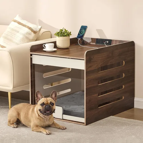 Miniatura 8 de Feandrea Mueble moderno para perros con estación de carga, pequeña perrera interior con puerta acrílica oculta abatible, para perros pequeños