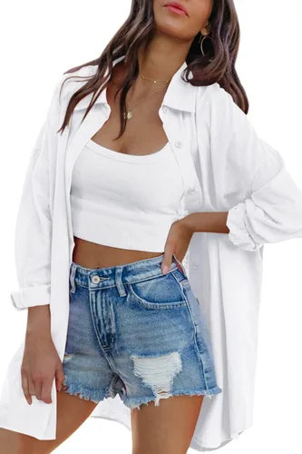 Miniatura 2 de FSHAOES Camisas de gran tamaño con botones para mujer, estilo casual, sueltas, de manga larga, con solapa, blusas largas con bolsillos