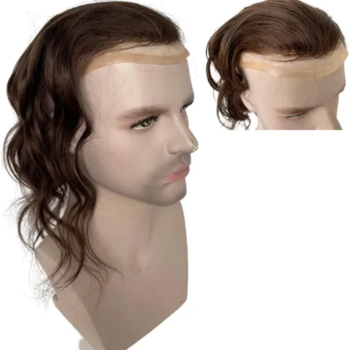 Miniatura 2 de Voloria Sistema de reemplazo de cabello tipo tupé de 12 pulgadas de largo para hombre, encaje suizo frontal, línea capilar natural, pelo de piel