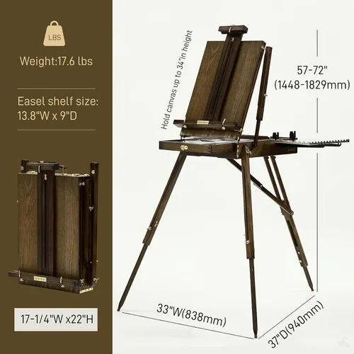 Miniatura 2 de ATWORTH Caballete francés para pintar, campo de madera de haya de lujo y caja de bocetos de estudio con bandeja lateral de metal, portátil y fácil