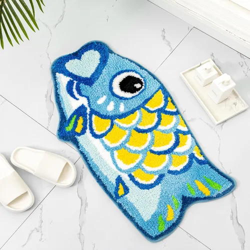 Bonita alfombra de baño Koi de pez azul, antideslizante, de dibujos animados, divertidas, alfombras de baño y tapetes absorbentes para niños,