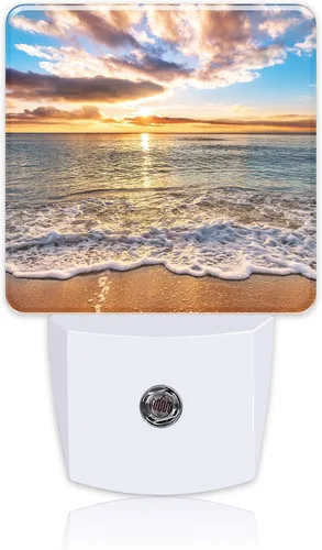 Colorida luz nocturna de playa al amanecer del océano enchufable a la pared con sensor de atardecer a amanecer, linda luz nocturna para niños,