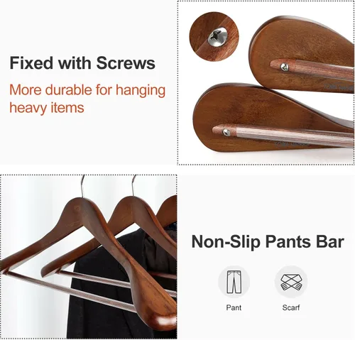 Miniatura 4 de TOPIA HANGER - Perchas de madera para hombros anchos, perchas para trajes con barra antideslizante para pantalones y gancho giratorio de 360°, Nogal