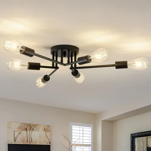 Miniatura 13 de Accesorio de Lámpara de Techo Industrial Semiempotrada de 4 Luces, Candelabro Sputnik Moderno de Metal Negro con Base de Bombilla E26, Luz Pegada al