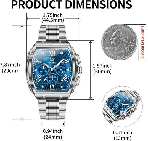 Miniatura 2 de OLEVS Relojes para Hombres Cronógrafo Impermeable Cara Rectangular Fase Lunar Correa de Acero Inoxidable Relojes de Vestir para Hombres Luminoso