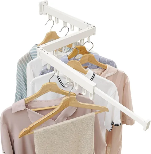Miniatura 8 de RFOUO Estante de secado de ropa montado en la pared, soporte de pared para ropa con características plegables (plegable), ahorro de espacio, estante