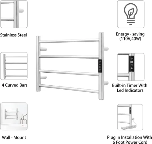 Miniatura 4 de KEG Calentador de toallas montado en la pared con temporizador incorporado 4 barras de acero inoxidable eléctrico calentado toallero para baño