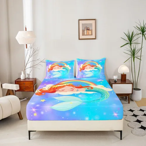 Miniatura 2 de Juego de sábanas bajeras con diseño de cola de sirena de sirena, juego de ropa de cama de escamas de pescado con purpurina, tamaño individual, juego