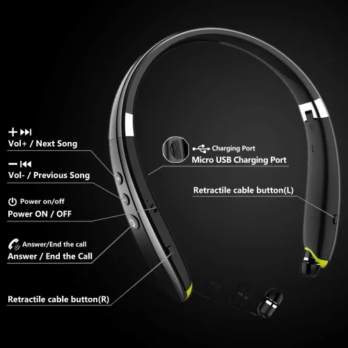 Miniatura 4 de BEARTWO Auriculares Bluetooth, auriculares con banda para el cuello plegables y inalámbricos mejorados con auriculares retráctiles, auriculares