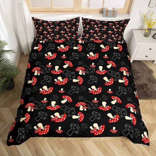 Miniatura 14 de Juego de funda de edredón con estampado de rana para niños, juego de ropa de cama Kawaii para decoración de habitación, diseño de hongos y rana